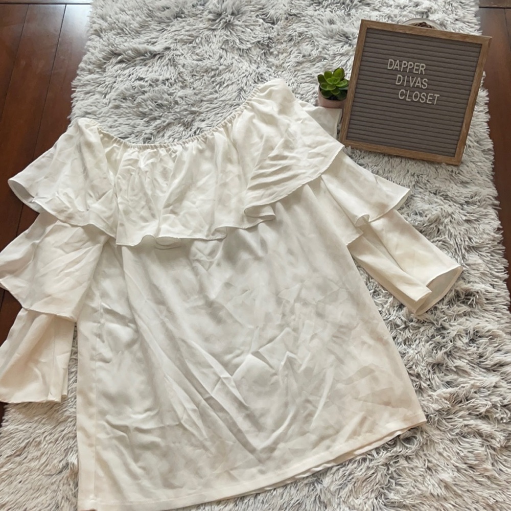White ruffle sleeve off the shoulder dress